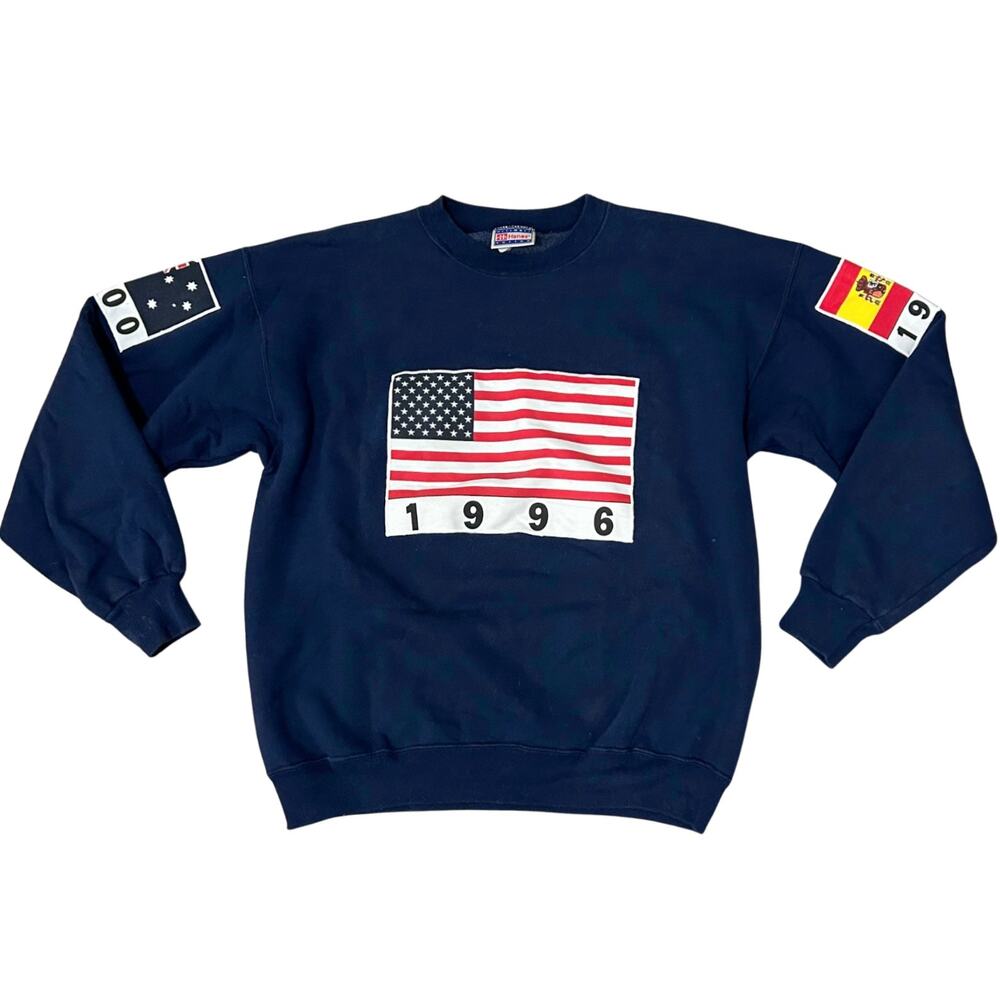 Vintage 90s Hanes Navy World Flags Cotton Sweatshirt Crewneck USA Made Olympics